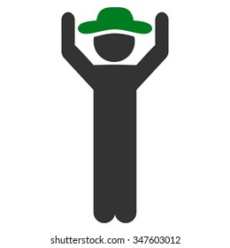 Spy Hands Up vector icon. Style is bicolor flat symbol, green and gray colors, rounded angles, white background.