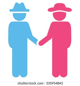 Spy Handshake vector icon. Style is bicolor flat symbol, pink and blue colors, rounded angles, white background.