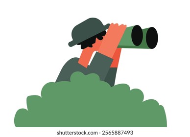 A spy hide behind bush, spying with binocular illustration