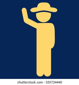 Spy Hitchhike vector icon. Style is flat symbol, yellow color, rounded angles, blue background.