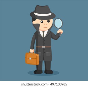 spy holding brief case and magnifying glass 
