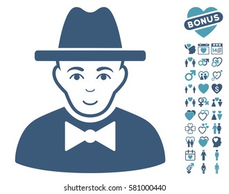 Spy icon with bonus amour design elements. Vector illustration style is flat iconic cyan and blue symbols on white background.