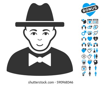 Spy icon with bonus dating icon set. Vector illustration style is flat iconic blue and gray symbols on white background.