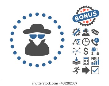 Spy icon with bonus design elements. Vector illustration style is flat iconic bicolor symbols, cobalt and gray colors, white background.