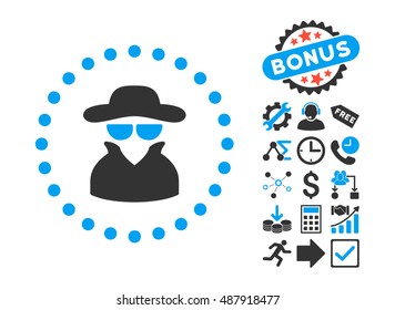 Spy icon with bonus images. Vector illustration style is flat iconic bicolor symbols, blue and gray colors, white background.