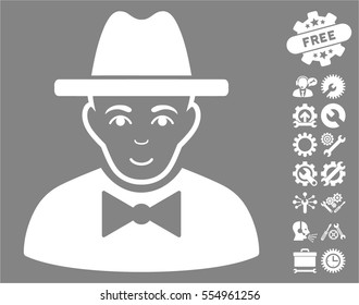 Spy icon with bonus service icon set. Vector illustration style is flat iconic white symbols on gray background.