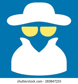 Spy icon from Business Bicolor Set. Vector style: bicolor flat symbol, yellow and white colors, rounded angles, blue background.
