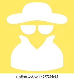 Spy icon from Business Bicolor Set. Vector style is flat symbol, white color, rounded angles, yellow background.