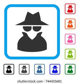 Spy icon. Flat gray pictogram symbol inside a blue rounded square. Black, gray, green, blue, red, orange color additional versions of Spy vector. Designed for web and app UI.