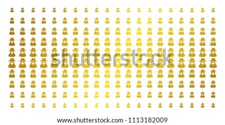 Spy icon golden halftone pattern. Vector spy objects are arranged into halftone array with inclined gold color gradient. Constructed for backgrounds, covers, templates and bright compositions.