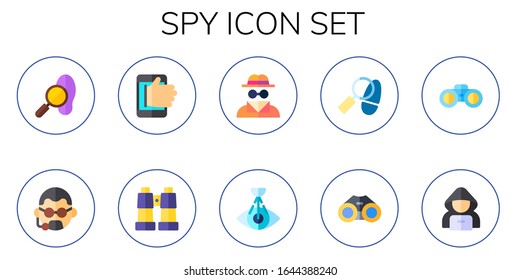 spy icon set. 10 flat spy icons. Included detective, bodyguard, hacking, binoculars, invisible man, eye scan, hacker icons