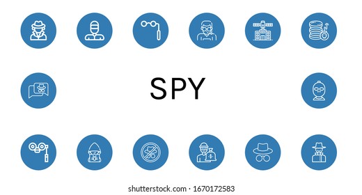 spy icon set. Collection of Detective, Thief, Binoculars, Security agent, Planetarium, Cyber attack, Hacker icons