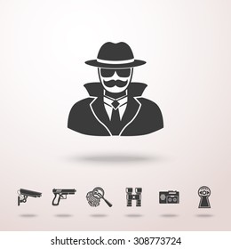 Spy icon with shadow and set of spy icons - fingerprint, gun, binocular, eye in keyhole, surveillance camera, dictaphone. Vector