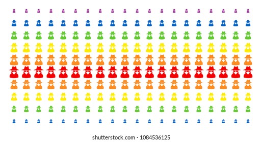 Spy icon spectral halftone pattern. Vector shapes arranged into halftone grid with vertical spectral gradient. Designed for backgrounds, covers, templates and abstraction concepts.