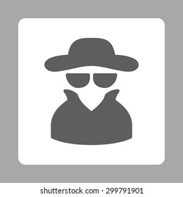 Spy icon. Vector style is dark gray and white colors, flat rounded square button on a silver background.