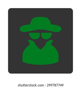Spy icon. Vector style is green and gray colors, flat rounded square button on a white background.