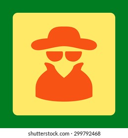 Spy icon. Vector style is orange and yellow colors, flat rounded square button on a green background.