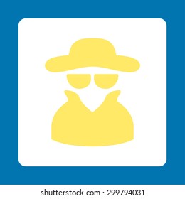 Spy icon. Vector style is yellow and white colors, flat rounded square button on a blue background.