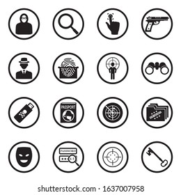Spy Icons. Black Flat Design In Circle. Vector Illustration.