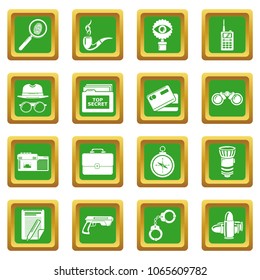 Spy icons set vector green square isolated on white background 