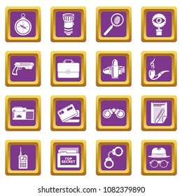 Spy icons set vector purple square isolated on white background 