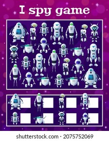 I spy kids game with cartoon robots, vector task with ai droids. Educational riddle how many cyborgs androids and bots mathematics test. Numeracy skills and attention development page for children