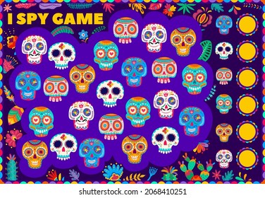 I spy kids game with mexican sugar calavera skulls, Day of Dead Dia de Los Muertos vector educational puzzle, development of numeracy skills and attention, cartoon riddle worksheet for children