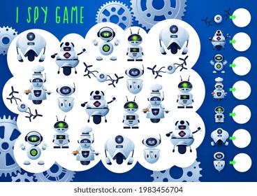 I spy kids game with robots, droids and drones, vector cartoon board game. Kids tabletop guess game or riddle jigsaw, I spy or find similar futuristic robots and android bots, children brain activity