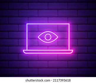 espía en icono de neón para portátil.Icono de ojo y portátil. Elementos de virus, conjunto de antivirus. Icono simple para sitios web, diseño web, aplicación móvil, infografía aislada en pared de ladrillo.