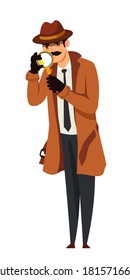 Spy looking through magnifying glass. Sleuth searching evidence, investigating crime. Police detective work vector illustration. Inspector standing and researching, looking at discovery.