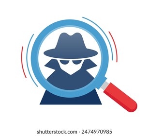 Spy with magnifier, ranger, detective, vector icon. A flat illustration depicting a detective with a magnifying glass.logo illustration	
