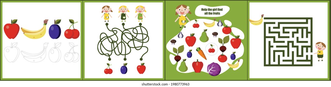 I spy. Maze. Kids mini game for development with fruits.