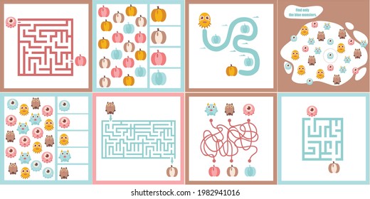 I spy. Maze. Kids mini game for development with cute monsters.