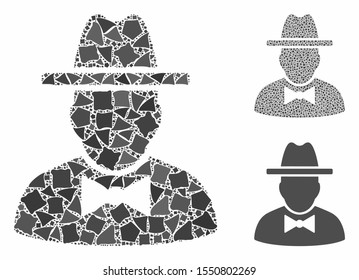 Spy mosaic of trembly pieces in variable sizes and shades, based on spy icon. Vector trembly elements are composed into collage. Spy icons collage with dotted pattern.