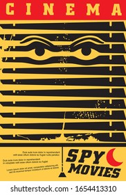 Spy movies cinema festival creative idea for poster design with eyes looking through the shutters. Comics style graphics for film night for action or thriller genre. Entertainment vector illustration