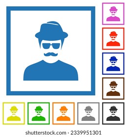 Spy with mustache avatar flat color icons in square frames on white background