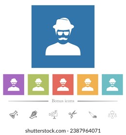 Spy with mustache avatar flat white icons in square backgrounds. 6 bonus icons included.