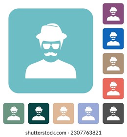 Spionage mit stumpfen, avatar-weißen, flachen Symbolen auf buntem, quadratischem Hintergrund