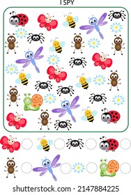  I spy on a game for kids. Search and counting activities for preschool children with insects