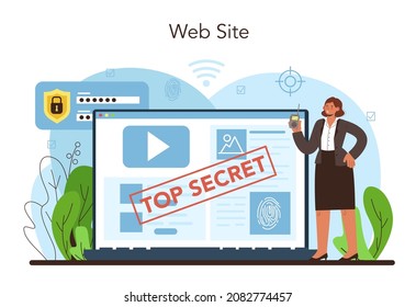 Spy online service or platform. Secret agent or fbi investigating crime. Protection of espionage, cyberattack and terrorist. Website. Vector illustration
