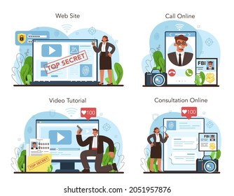 Spy online service or platform set. Secret agent or fbi investigating crime. Protection of espionage, cyberattack and terrorist. Online consultation, call, video tutorial, website. Vector illustration