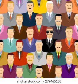 Spy And People. Secret Agent In Glasses Among Crowds Of People. Vector Seamless Background
