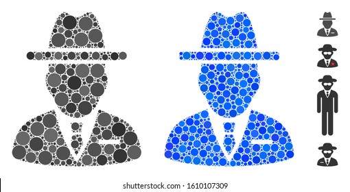 Spy person composition of round dots in different sizes and color tints, based on spy person icon. Vector round dots are combined into blue composition.