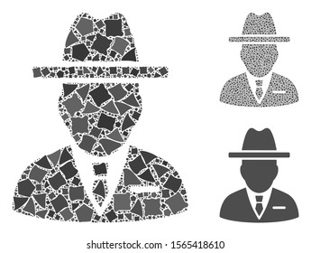 Spy person composition of rugged items in various sizes and color tints, based on spy person icon. Vector tremulant items are combined into collage. Spy person icons collage with dotted pattern.