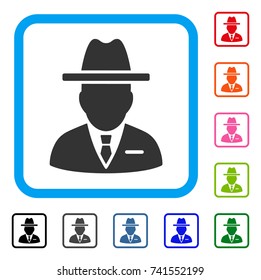 Spy Person icon. Flat grey pictogram symbol in a light blue rounded square. Black, gray, green, blue, red, orange color additional versions of Spy Person vector. Designed for web and software UI.