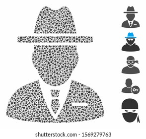 Spy person icon mosaic of tremulant parts in variable sizes and color tones, based on spy person icon. Vector unequal parts are composed into mosaic. Spy person icons collage with dotted pattern.