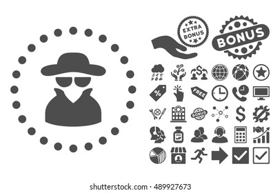 Spy pictograph with bonus icon set. Vector illustration style is flat iconic symbols, gray color, white background.