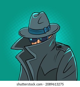 Spy In A Raincoat, Hat And Black Glasses, Covered Face