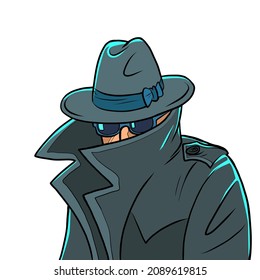 spy in a raincoat, hat and black glasses, covered face