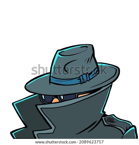 spy in a raincoat, hat and black glasses, covered face